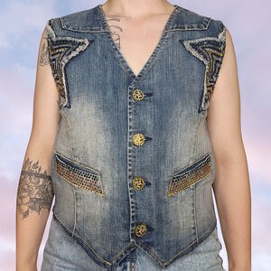 Y2k Pepe Jeans Streetwear Star Patchwork Rhinestone Distressed Denim Vest Sz Sm